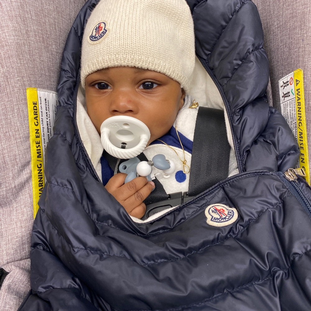 Moncler bunting bag 3-6 month & hat size xxxs